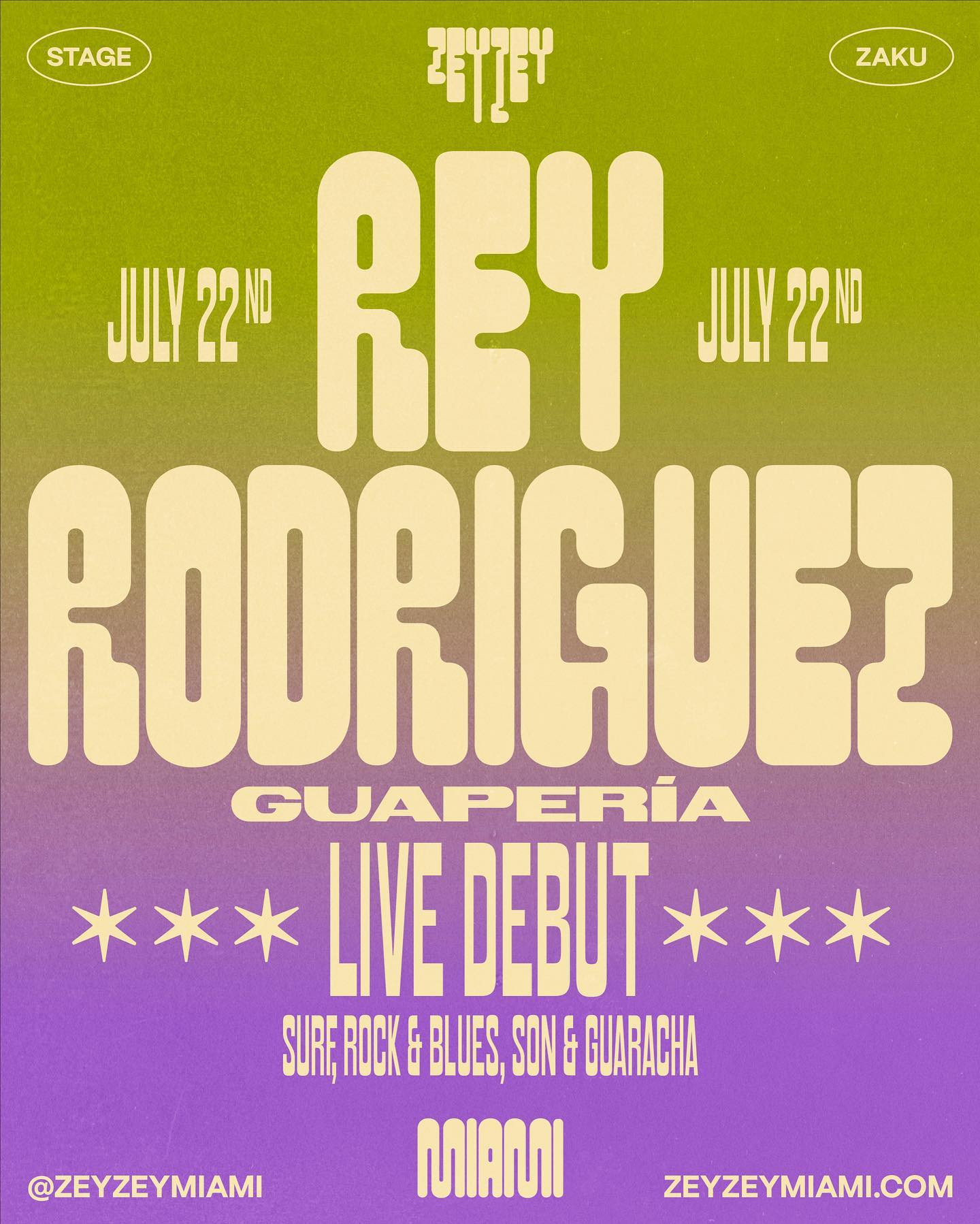 Breaking expectations of the "Cuban Sound” Rey is leading us to discover something new on July 22nd at ZeyZey. “Guaperia” Live Debut blending Cuban to Cowboy, Surf Rock to Son. Ticket Link in Bio#ZeyZeyMiami #MiamiMusicScene