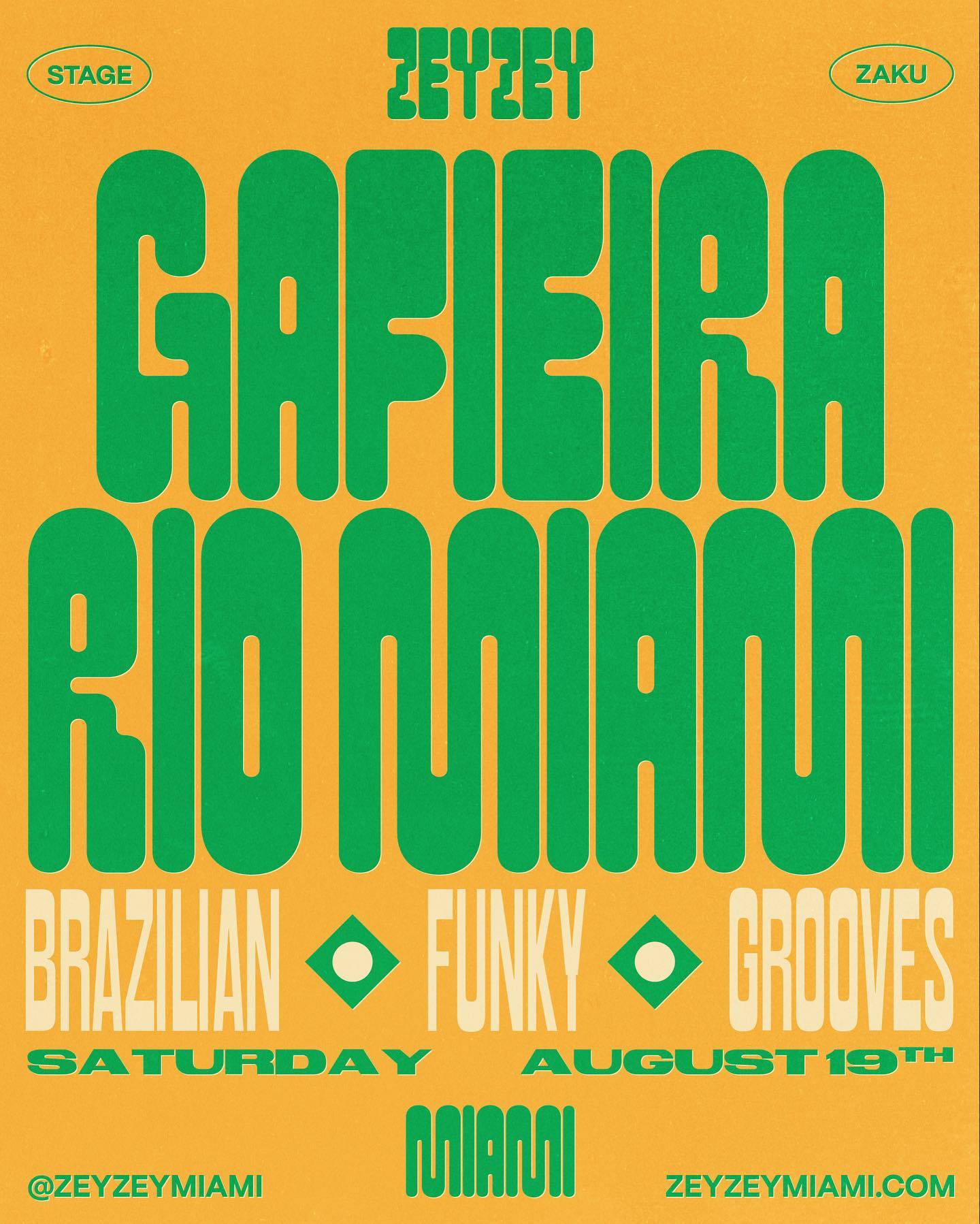 Experience Brazil in Miami!  Join us Saturday night , for a night of Funky Grooves with the mesmerizing @gafieirariomiami (main stage 9pm)! Ticket link in bio. #zeyzeymiami #miamimusicscene