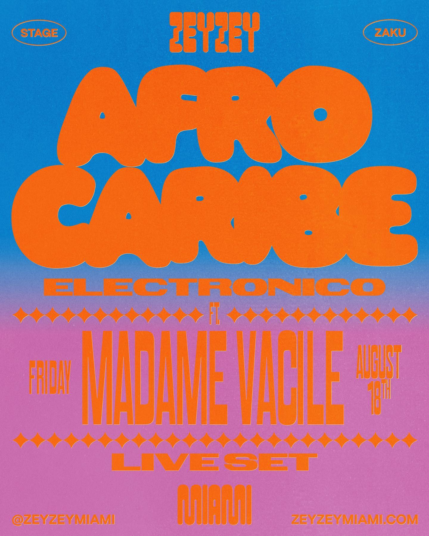 Sound the alarms! Afro-Caribe Electrónico presents @madamevacile in a live set, this Friday at 9pm! Doors open at 7pm for live jazz hour happy with food & drink specials.Ticket link in bio #zeyzeymiami #miamimusicscene