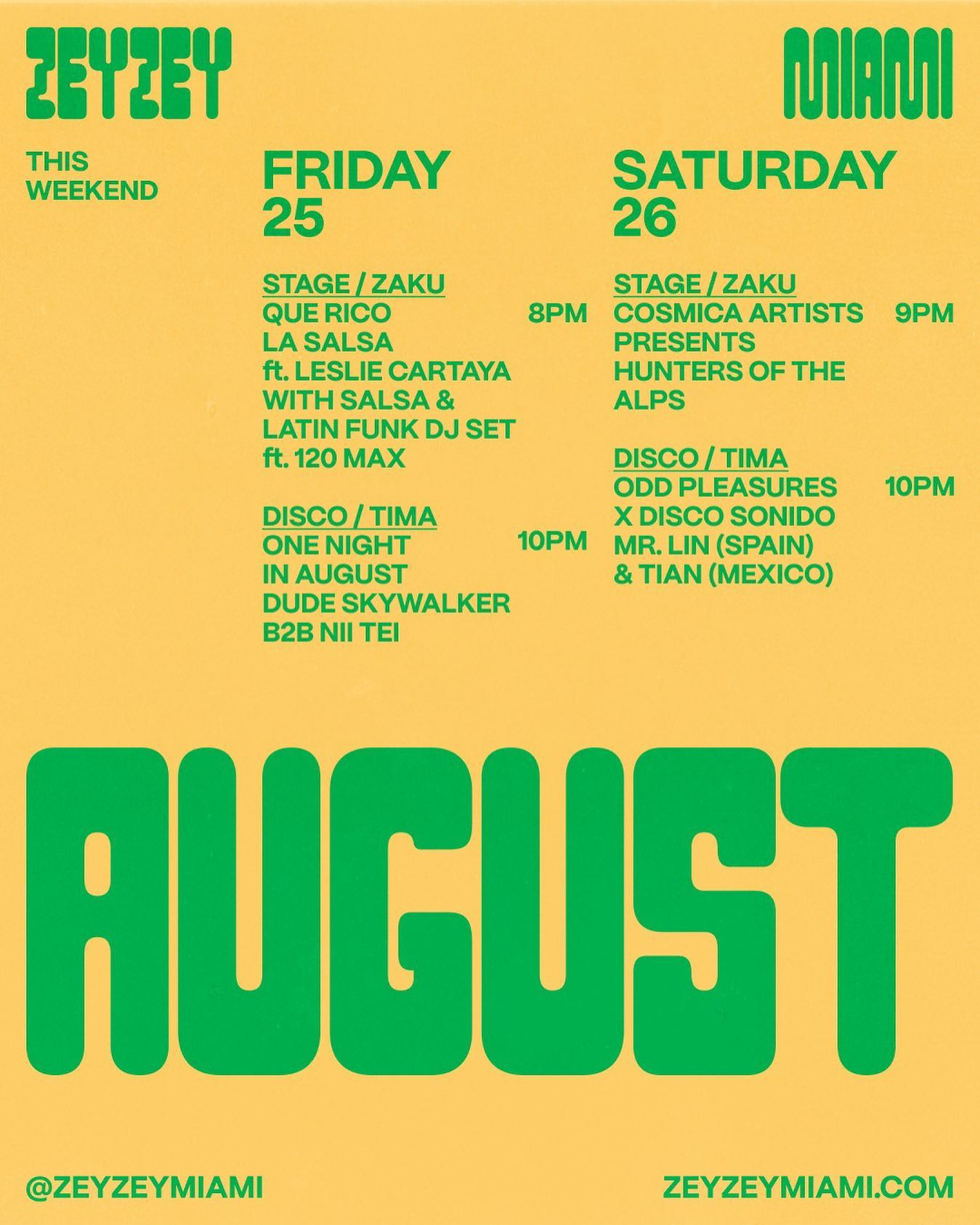 Next weekend's lineup? Pure musical magic! Join us for another amazing weekend. Ticket link in bio. #zeyzeymiami #miamimusicscene