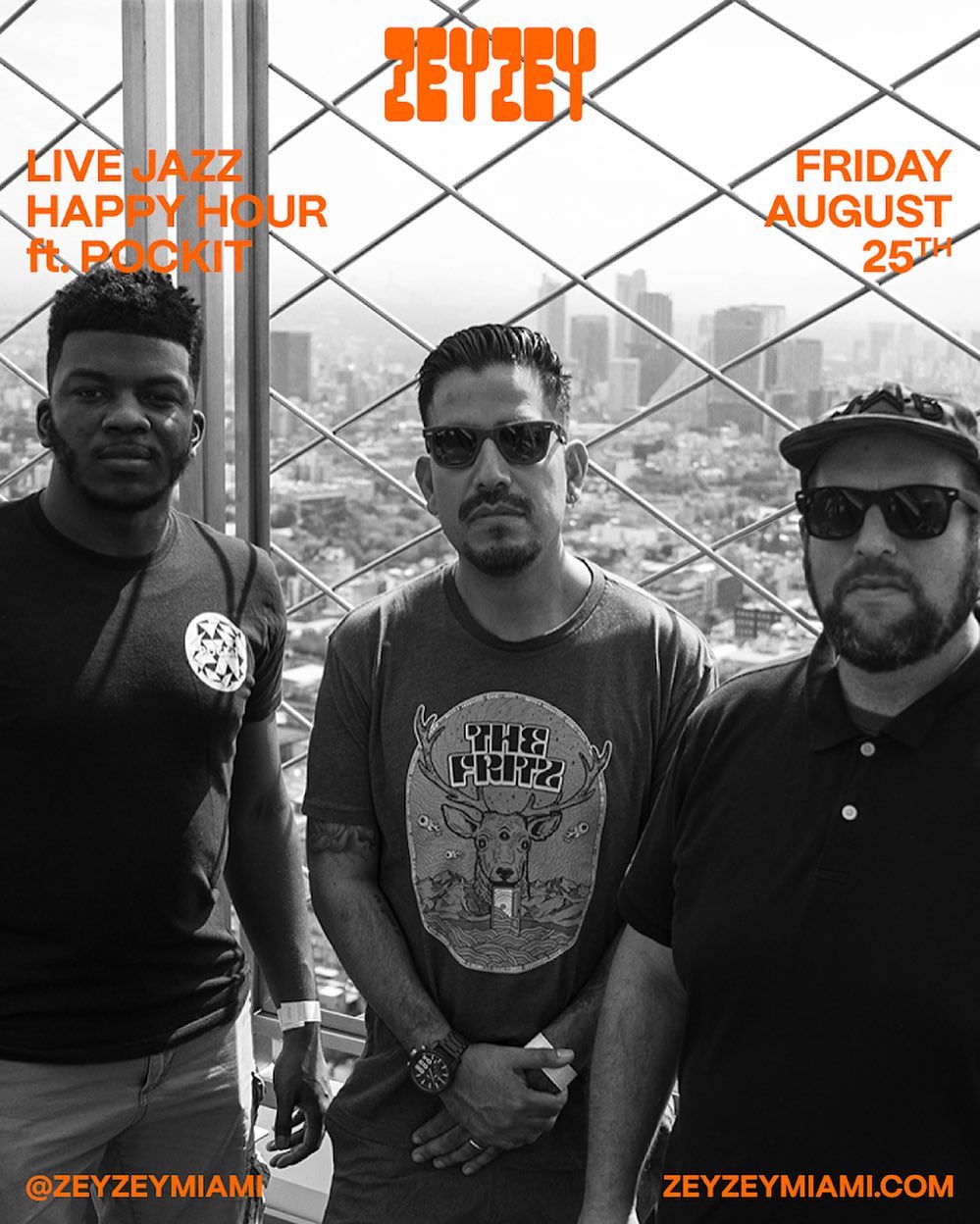 Friday vibes on point with live jazz happy hour!  Join us at 7pm for our Happy Hour specials and get serenaded by @pockitfunk Ticket link in bio#zeyzeymiami #miamimusicscene