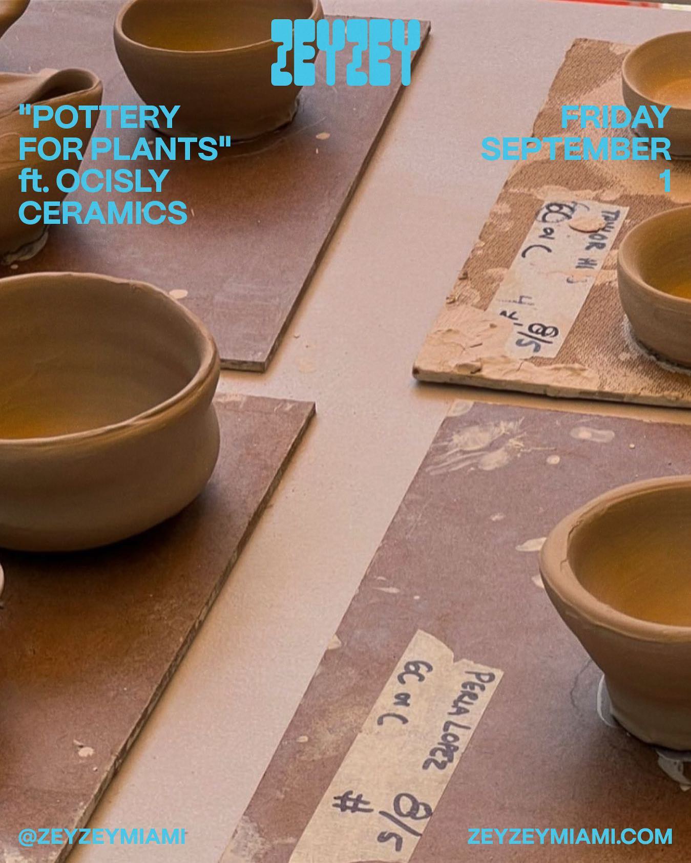 Join us for pottery, drinks, and tunes! OCISLY Pop-Up on Sept 1st, 7pm at ZeyZey. Happy hour specials and live music to follow.Ticket link in bio. #zeyzeymiami #miamimusicscene