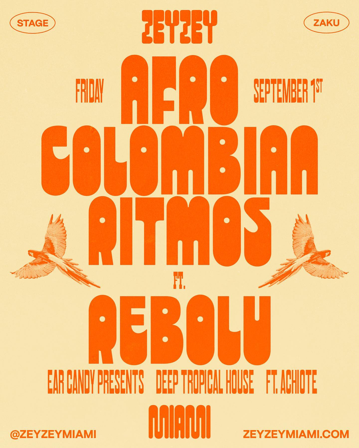 @gruporebolu takes center stage at ZeyZey on Friday (9/1)! Dive into Afro-Colombian Ritmos, followed by @achiotemusica tropical house. Doors open at 7pm.Ticket link in bio. #zeyzeymiami #miamimusicscene