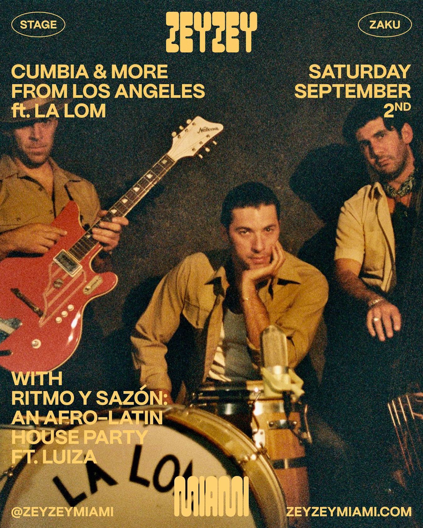 From the heart of LA to ZeyZey's stage!  Join us Saturday for Cumbia & More featuring @the_lalom , proudly sponsored by @spiritairlines Ticket link in bio. #zeyzeymiami #miamimusicscene