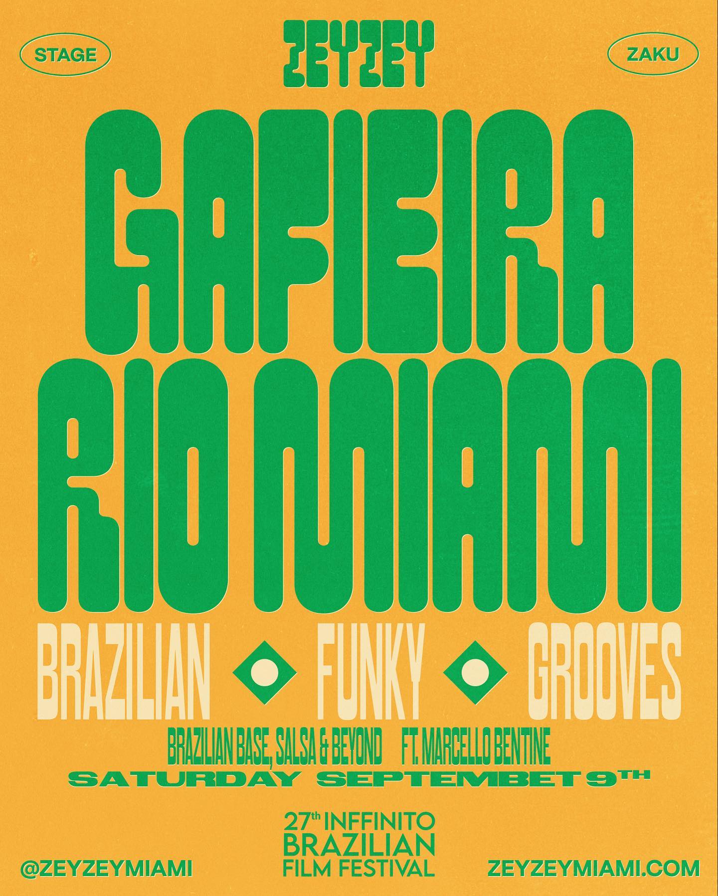 Brazil takes over ZeyZey this Saturday! Get ready for Funky Grooves with Gafieira Rio Miami taking the main stage at 9pm, ft. Marcello Bentine's Salsa & Beyond, followed by Afro-Caribbean Latin Dance Party by Rum & Coke. Vamos dançar!